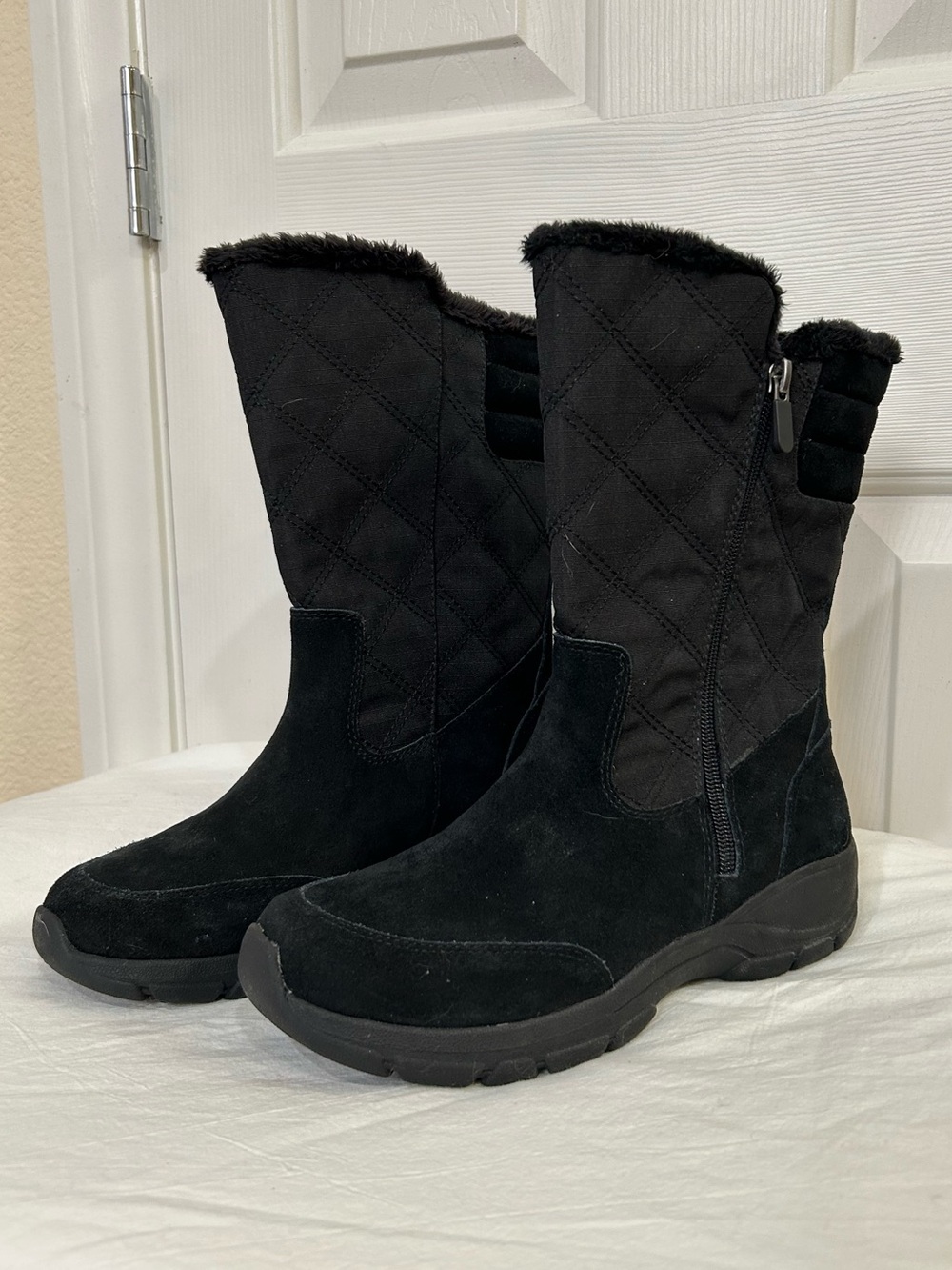 Lands' End Black Quilted Faux-Fur Lined Winter Snow Boots 7.5